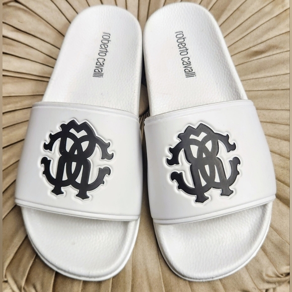 Roberto Cavalli Women Logo Pool Slides Sandals In White Size 6 - Picture 2 of 16
